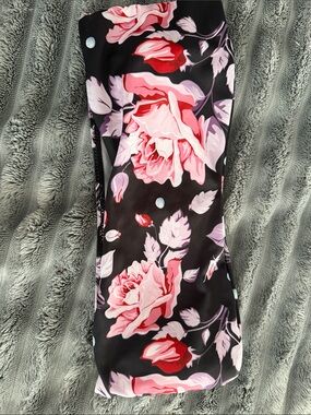 Black Floral Strapless bathing suit top with Pink Rose Print